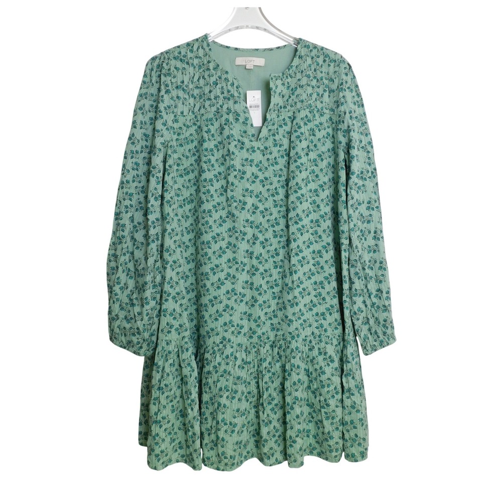 LOFT Womens Green Floral Tiered Dobby Shift Dress Long Sleeve NWT Size L 754251